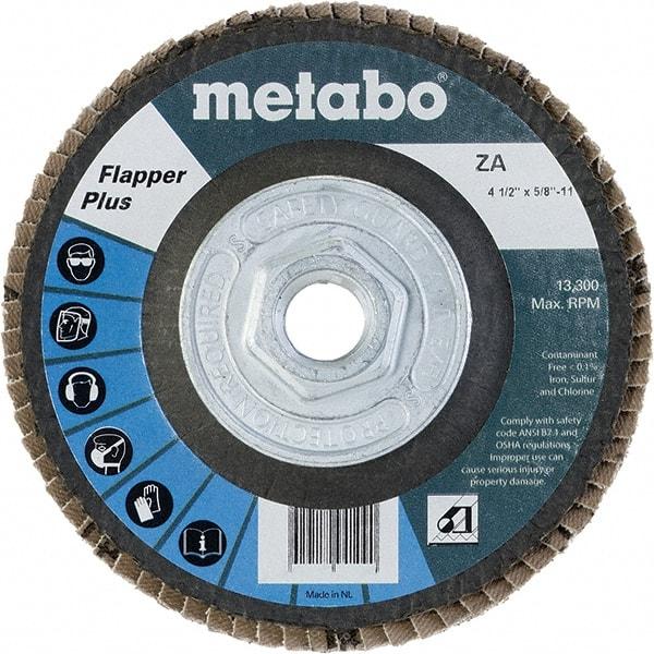 Metabo - 60 Grit, 4-1/2" Disc Diam, 5/8-11 Center Hole, Type 29 Zirconia Alumina Flap Disc - 13,300 Max RPM, Fiberglass Backing, Arbor Attaching System, Coated - Benchmark Tooling