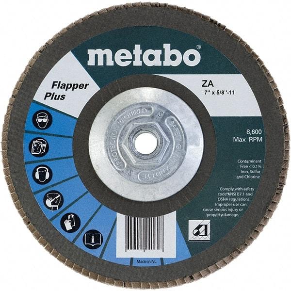 Metabo - 40 Grit, 7" Disc Diam, 5/8-11 Center Hole, Type 29 Zirconia Alumina Flap Disc - 8,600 Max RPM, Fiberglass Backing, Arbor Attaching System, Coated - Benchmark Tooling