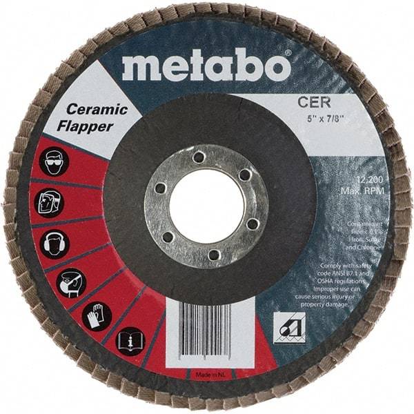 Metabo - 60 Grit, 5" Disc Diam, 7/8" Center Hole, Type 29 Ceramic Flap Disc - 12,200 Max RPM, Fiberglass Backing, Arbor Attaching System, Coated - Benchmark Tooling