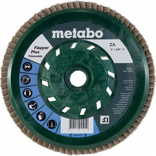 Metabo - 80 Grit, 5" Disc Diam, 5/8-11 Center Hole, Type 29 Zirconia Alumina Flap Disc - 12,200 Max RPM, Plastic Backing, Arbor Attaching System, Coated - Benchmark Tooling