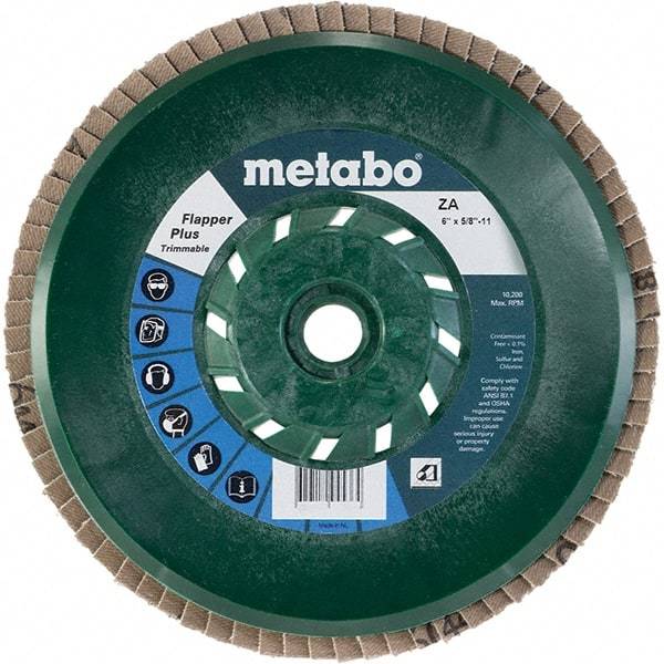 Metabo - 80 Grit, 6" Disc Diam, 5/8-11 Center Hole, Type 29 Zirconia Alumina Flap Disc - 10,200 Max RPM, Plastic Backing, Arbor Attaching System, Coated - Benchmark Tooling