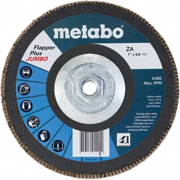 Metabo - 80 Grit, 7" Disc Diam, 5/8-11 Center Hole, Type 29 Zirconia Alumina Flap Disc - 8,600 Max RPM, Fiberglass Backing, Arbor Attaching System, Coated - Benchmark Tooling