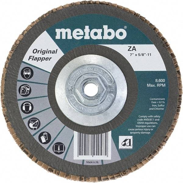 Metabo - 40 Grit, 7" Disc Diam, 5/8-11 Center Hole, Type 29 Zirconia Alumina Flap Disc - 8,600 Max RPM, Fiberglass Backing, Arbor Attaching System, Coated - Benchmark Tooling