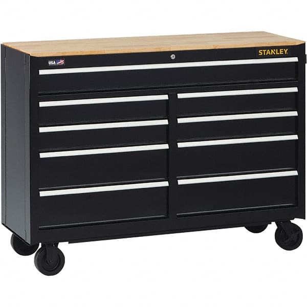 Mobile Service Workbench Mobile Work Center: 18″ OAD, 9 Drawer Steel Body, Wood Top, Black Gloss