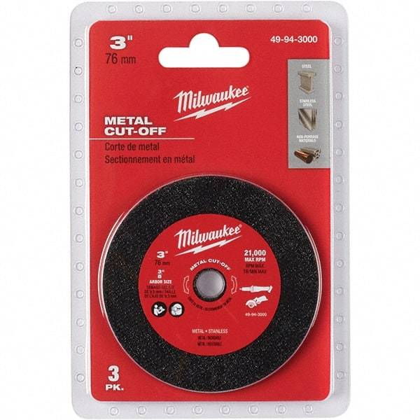 Milwaukee Tool - 3" 60 Grit Aluminum Oxide Cutoff Wheel - 3/64" Thick, 3/8" Arbor, 20,000 Max RPM, Use with Die & Angle Grinders & Circular Saws - Benchmark Tooling
