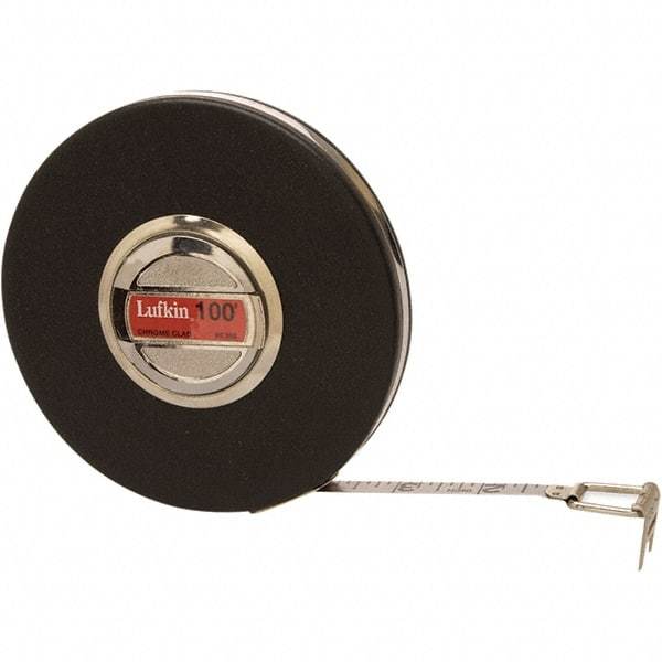 Lufkin - 100' x 3/8" Silver Steel Blade Tape Measure - 1/8" Graduation, Inch Graduation Style, Black Steel Case - Benchmark Tooling