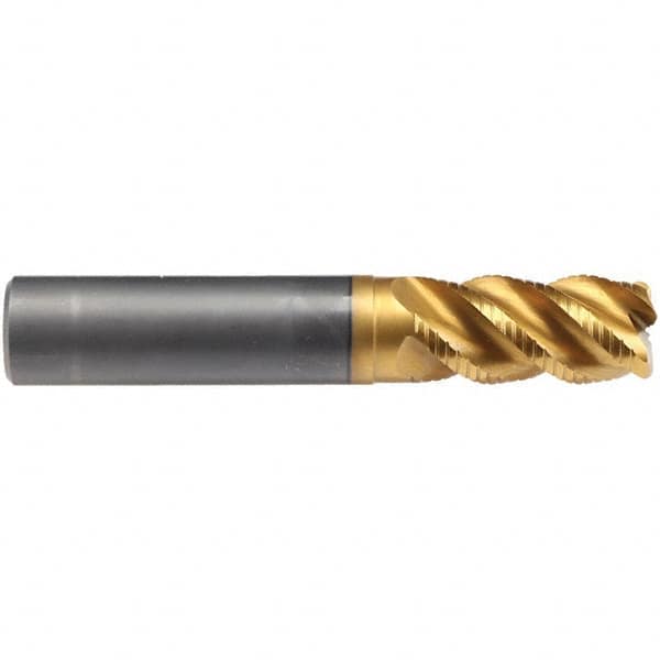 Emuge - 16mm Diam, Fine Pitch, 32mm LOC, 4 Flute Solid Carbide 4mm Corner Radius Roughing End Mill - TiN/TiAlN Finish, 92mm OAL, 16mm Shank Diam, Single End, Extended Reach, 45° Helix - Benchmark Tooling