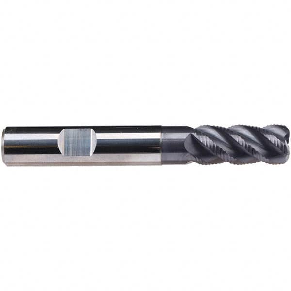 Emuge - 14mm Diam, Fine Pitch, 26mm LOC, 4 Flute Solid Carbide 3mm Corner Radius Roughing End Mill - TiAlN Finish, 83mm OAL, 14mm Shank Diam, Single End, Extended Reach, 45° Helix - Benchmark Tooling