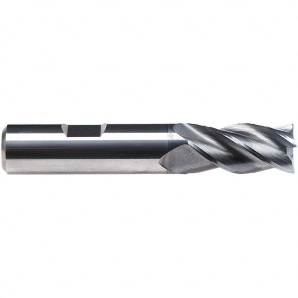 Emuge - 3/8" Diam, 7/8" LOC, 4 Flute Solid Carbide Roughing & Finishing End Mill - CrN Finish, 2-1/2" OAL, 3/8" Shank Diam, Weldon Shank, 38° Helix, Centercutting, Regular Length - Benchmark Tooling