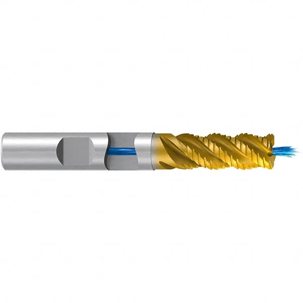 Emuge - 16mm Diam, Fine Pitch, 32mm LOC, 4 Flute Solid Carbide 4mm Corner Radius Roughing End Mill - TiN/TiAlN Finish, 92mm OAL, 16mm Shank Diam, Single End, Extended Reach, 45° Helix - Benchmark Tooling