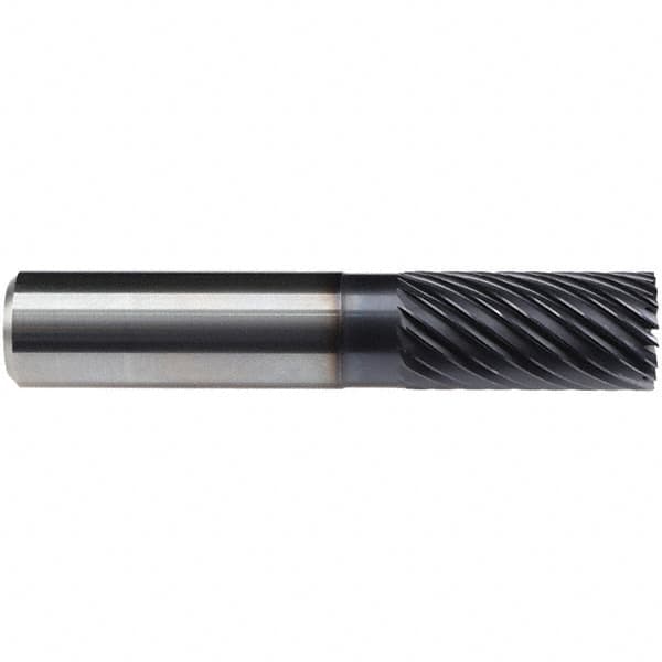 Emuge - 20mm Diam, 38mm LOC, 20 Flute Solid Carbide Roughing & Finishing End Mill - TiAlN Finish, 104mm OAL, 20mm Shank Diam, Cylindrical Shank, 40° Helix, Long Length - Benchmark Tooling