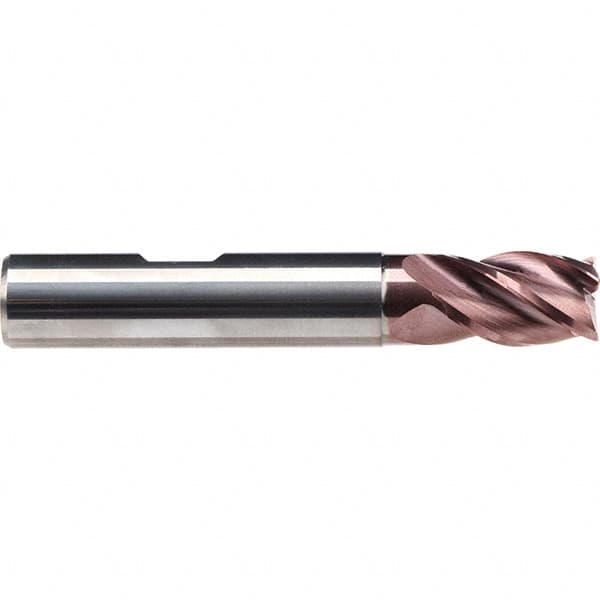 Emuge - 3/8" Diam, 17/32" LOC, 4 Flute Solid Carbide Roughing & Finishing End Mill - TiAlN Finish, 2-1/2" OAL, 3/8" Shank Diam, Weldon Shank, 38° Helix, Centercutting, Stub Length - Benchmark Tooling