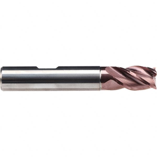 Emuge - 1/4" Diam, 13/32" LOC, 4 Flute Solid Carbide Roughing & Finishing End Mill - TiAlN Finish, 2-1/8" OAL, 1/4" Shank Diam, Weldon Shank, 38° Helix, Centercutting, Stub Length - Benchmark Tooling