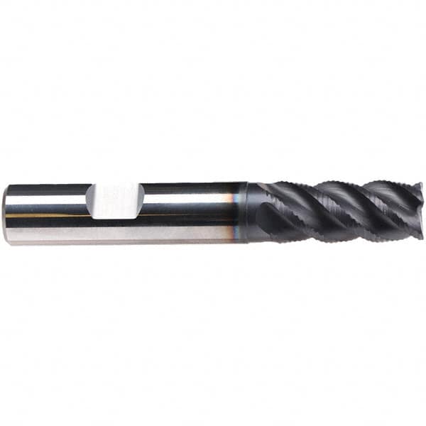 Emuge - 5/16" Diam, 3/4" LOC, 4 Flute Solid Carbide Roughing & Finishing End Mill - TiAlN Finish, 2-1/2" OAL, 3/8" Shank Diam, Weldon Shank, 45° Helix, Centercutting, Long Length - Benchmark Tooling