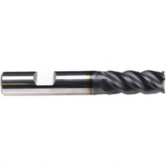 Emuge - 5/16" Diam, 3/4" LOC, 4 Flute Solid Carbide Roughing & Finishing End Mill - TiAlN Finish, 2-1/2" OAL, 3/8" Shank Diam, Weldon Shank, 45° Helix, Centercutting, Long Length - Benchmark Tooling