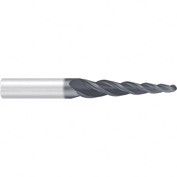Emuge - 4° Taper Angle per Side, 3mm Small End Diam, 74mm LOC, Solid Carbide 3 Flute Tapered Ball End Mill - AlCr Finish, 140mm OAL, 16mm Shank Diam, Spiral Flute, 36° Helix - Benchmark Tooling
