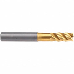 Emuge - 6mm Diam, Fine Pitch, 13mm LOC, 4 Flute Solid Carbide 45° Corner Chamfer Roughing End Mill - TiN/TiAlN Finish, 62mm OAL, 6mm Shank Diam, Single End, Extended Reach, 45° Helix - Benchmark Tooling