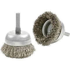 Brush Research Mfg. - 1-3/4" Diam, 1/4" Shank Diam, Carbon Steel Fill Cup Brush - 0.0118 Wire Diam, 1/2" Trim Length, 8,000 Max RPM - Benchmark Tooling