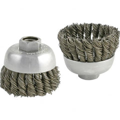 Brush Research Mfg. - 2-3/4" Diam, 5/8-11 Threaded Arbor, Carbon Steel Fill Cup Brush - 0.02 Wire Diam, 1" Trim Length, 6,600 Max RPM - Benchmark Tooling