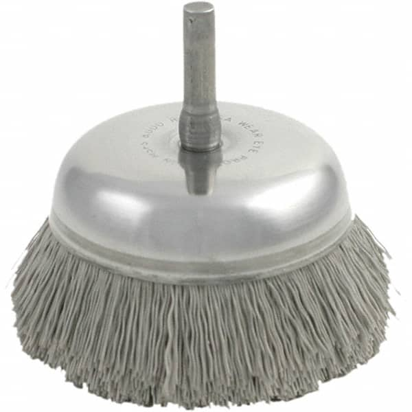 Brush Research Mfg. - 2-3/4" Diam, 1/4" Shank Diam, Nylon Fill Cup Brush - Aluminum Oxide Abrasive Material, 0.035 Wire Diam, 3/4" Trim Length, 8,000 Max RPM - Benchmark Tooling