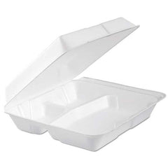 DART - Foam Hinged Lid Container, 3-Comp, 9.3 x 9 1/2 x 3, White, 100/Bag, 2 Bag/Carton - Benchmark Tooling