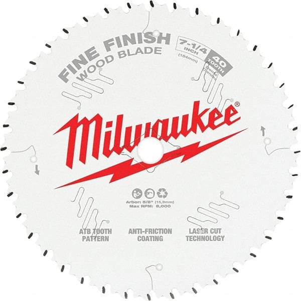 Milwaukee Tool - 7-1/4" Diam, 10mm Arbor Hole Diam, 40 Tooth Wet & Dry Cut Saw Blade - Tungsten Carbide-Tipped, Fine Finish Action, Standard Round Arbor - Benchmark Tooling