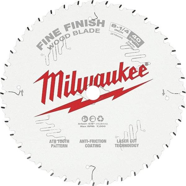 Milwaukee Tool - 8-1/4" Diam, 5/8" Arbor Hole Diam, 40 Tooth Wet & Dry Cut Saw Blade - Tungsten Carbide-Tipped, Fine Finish Action, Standard Round Arbor - Benchmark Tooling