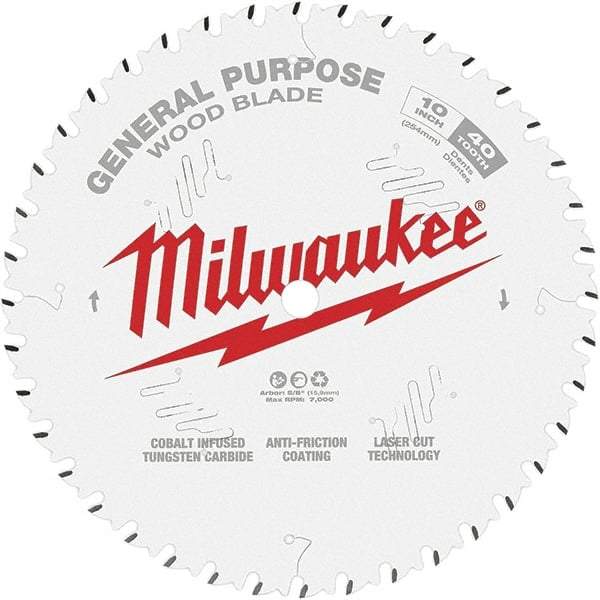 Milwaukee Tool - 10" Diam, 5/8" Arbor Hole Diam, 40 Tooth Wet & Dry Cut Saw Blade - Tungsten Carbide-Tipped, General Purpose Action, Standard Round Arbor - Benchmark Tooling