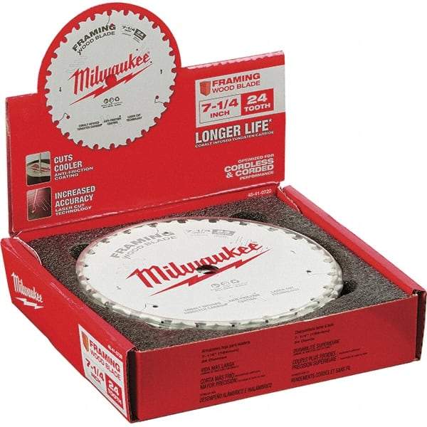 Milwaukee Tool - 7-1/4" Diam, 5/8" Arbor Hole Diam, 24 Tooth Wet & Dry Cut Saw Blade - Tungsten Carbide-Tipped, Framing Action, Standard Round Arbor - Benchmark Tooling