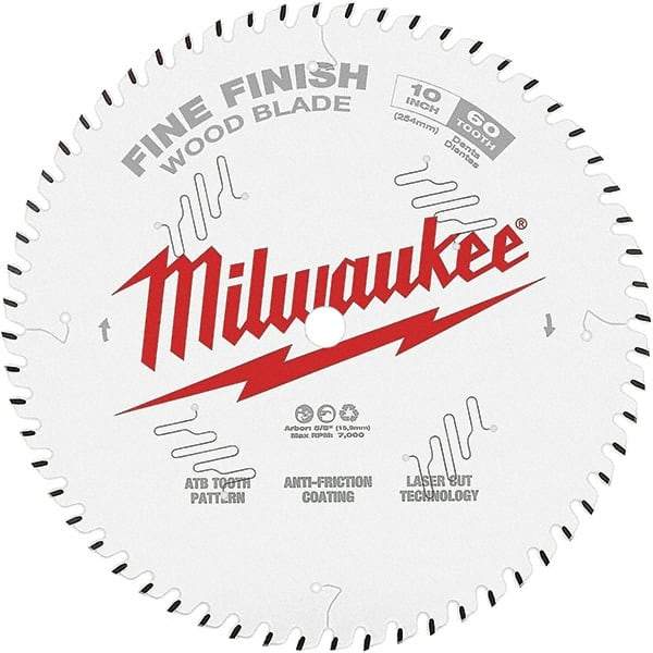 Milwaukee Tool - 10" Diam, 5/8" Arbor Hole Diam, 60 Tooth Wet & Dry Cut Saw Blade - Tungsten Carbide-Tipped, Fine Finish Action, Standard Round Arbor - Benchmark Tooling