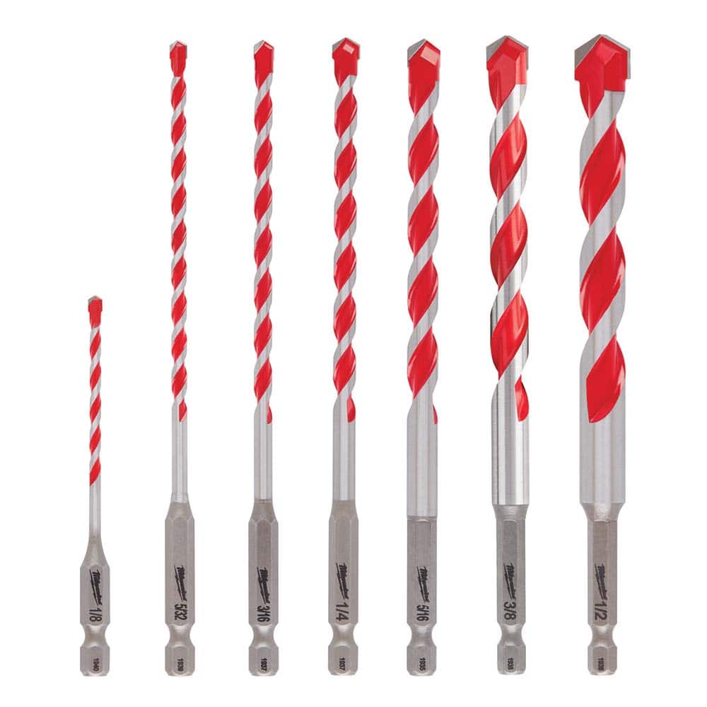 Drill Bit Set: Hammer Drill Bits, 7 Pc, 135 °, Solid Carbide Split-Point, 1 & 4″ Hex Shank