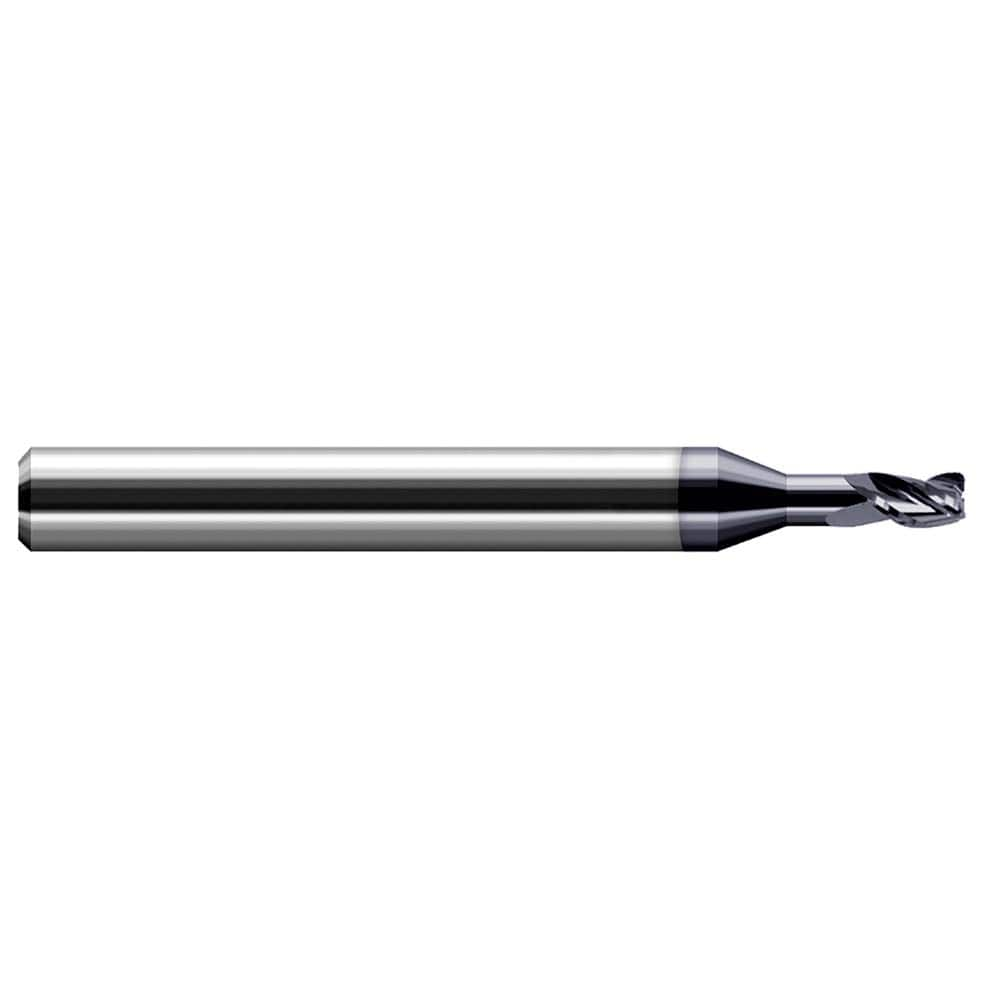 Corner Radius End Mill: 0.047″ Dia, 0.07″ LOC, 0.01″ Radius, 3 Flutes, Solid Carbide 2-1/2″ OAL, 1/8″ Shank Dia, 30 ° Helix, AlTiN Coated, Corner Radius End