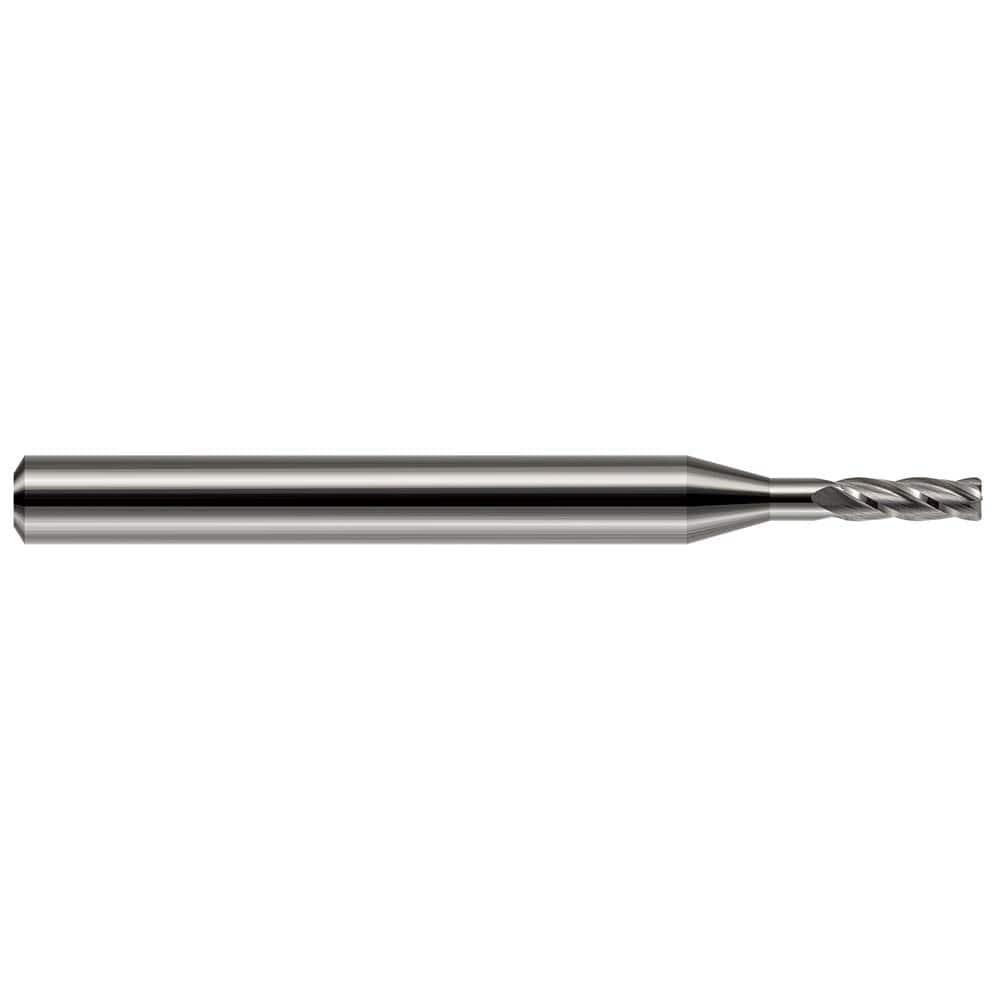 Corner Radius End Mill: 0.062″ Dia, 0.186″ LOC, 0.01″ Radius, 4 Flutes, Solid Carbide 1-1/2″ OAL, 1/8″ Shank Dia, 30 ° Helix, Bright/Uncoated, Corner Radius End