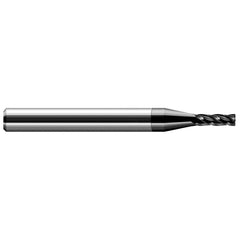 Corner Radius End Mill: 0.065″ Dia, 0.195″ LOC, 1/64″ Radius, 4 Flutes, Solid Carbide 1-1/2″ OAL, 1/8″ Shank Dia, 30 ° Helix, Amorphous Diamond Coated, Corner Radius End