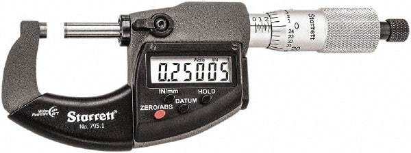 Starrett - 0 to 1" Range, Standard Throat IP67 Electronic Outside Micrometer - Ratchet Stop Thimble, Carbide Face, CR2032 Battery - Benchmark Tooling