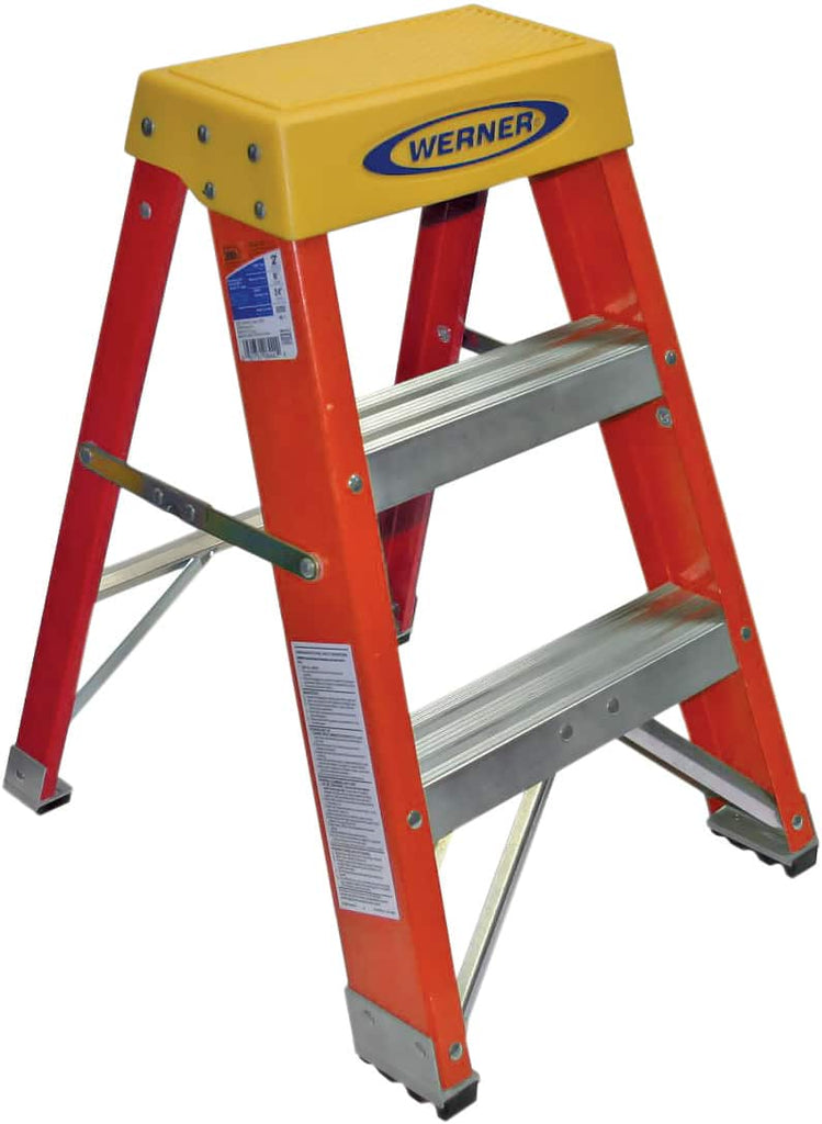 Werner - 2 Steps, 2' High, Type IA Rating, Fiberglass Step Stand - 300 Lb Load Capacity, 17-1/4" Base Width - Benchmark Tooling