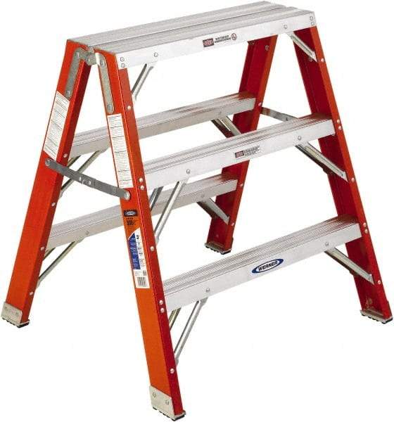 Werner - 3 Steps, 3' High, Type IA Rating, Fiberglass Step Stand - 300 Lb Load Capacity, 32" Base Width - Benchmark Tooling