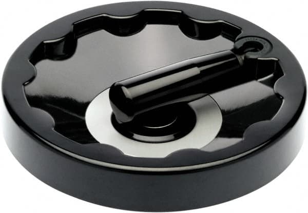 Elesa - 4.92" Diam, Duroplast Handwheel with Fold Away Handle - 1-1/4" Hub Diam - Benchmark Tooling