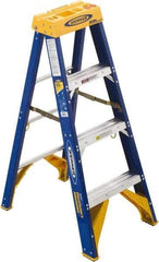 Werner - 4 Steps, 4' High, Type IAA Rating, Fiberglass Step Ladder - 375 Lb Load Capacity, 19-7/8" Base Width - Benchmark Tooling