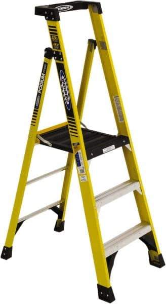 Werner - 3 Steps, 3' High, Type IAA Rating, Fiberglass Step Ladder - 375 Lb Load Capacity, 26-3/8" Base Width - Benchmark Tooling