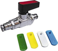 Value Collection - 3/8" Pipe, Brass Miniature Ball Valve - Inline - One Way Flow, Push-to-Connect x Push-to-Connect Ends, Wedge Handle, 250 WOG - Benchmark Tooling