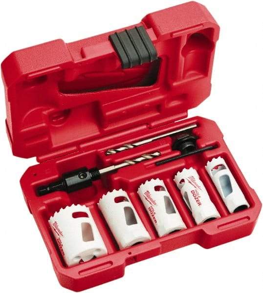 Milwaukee Tool - 9 Piece, 3/4" to 1-1/2" Saw Diam, Hole Saw Kit - Bi-Metal, Toothed Edge, Includes 5 Hole Saws - Benchmark Tooling