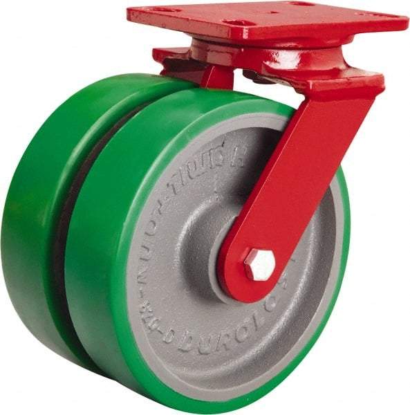 Hamilton - 8" Diam x 2" Wide x 9-3/4" OAH Top Plate Mount Swivel Caster - Polyurethane Mold onto Cast Iron Center, 3,000 Lb Capacity, Sealed Precision Ball Bearing, 4-1/2 x 6-1/2" Plate - Benchmark Tooling