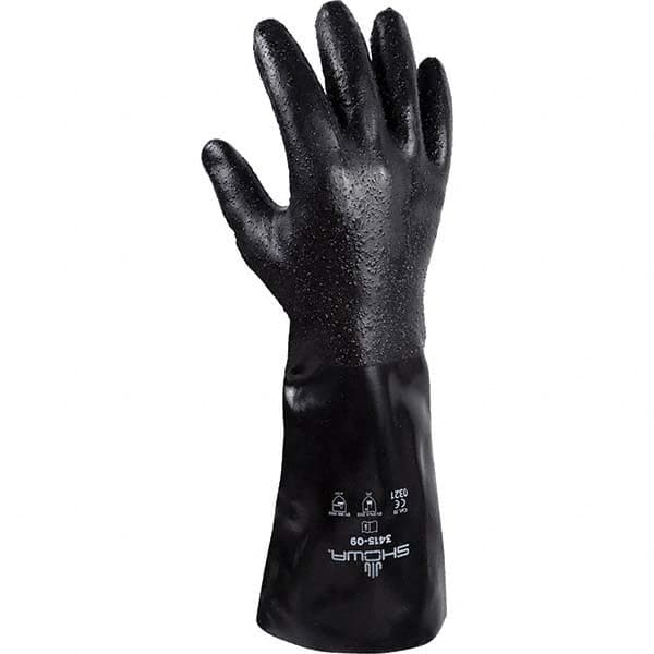Chemical Resistant Gloves: Large, 14 mil Thick, Neoprene-Coated, Neoprene, Supported Black, 14'' OAL, Rough, ANSI Cut 0, ANSI Abrasion 3, ANSI Puncture 1