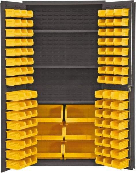 Durham - 3 Shelf 102 Bin Storage Cabinet - Steel, 36" Wide x 24" Deep x 72" High, Yellow - Benchmark Tooling