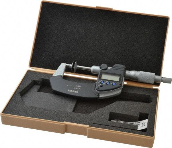 Mitutoyo - 0 to 1 Inch, Ratchet Stop Thimble, IP54 Water Resistance, Electronic Disc Micrometer - 0.0002 Inch Accuracy, 20mm Disc, 0.00005 Inch Resolution - Benchmark Tooling