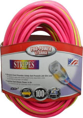 Southwire - 100', 12/3 Gauge/Conductors, Pink/Lime Green Outdoor Extension Cord - 1 Receptacle, 15 Amps, 125 VAC, UL SJTW, NEMA 5-15P, 5-15R - Benchmark Tooling