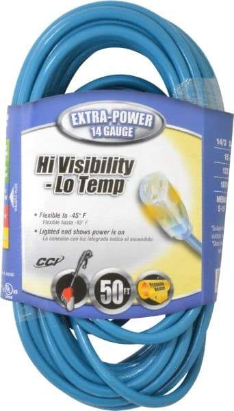 Southwire - 50', 14/3 Gauge/Conductors, Blue Outdoor Extension Cord - 1 Receptacle, 15 Amps, 125 VAC, UL SJTW, NEMA 5-15P, 5-15R - Benchmark Tooling