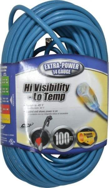 Southwire - 100', 14/3 Gauge/Conductors, Blue Outdoor Extension Cord - 1 Receptacle, 13 Amps, 125 VAC, UL SJTW, NEMA 5-15P, 5-15R - Benchmark Tooling