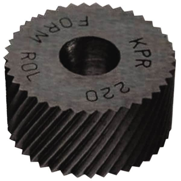 Made in USA - 3/4" Diam, 90° Tooth Angle, 30 TPI, Standard (Shape), Form Type High Speed Steel Right-Hand Diagonal Knurl Wheel - 1/2" Face Width, 1/4" Hole, Circular Pitch, 30° Helix, Bright Finish, Series KR - Exact Industrial Supply